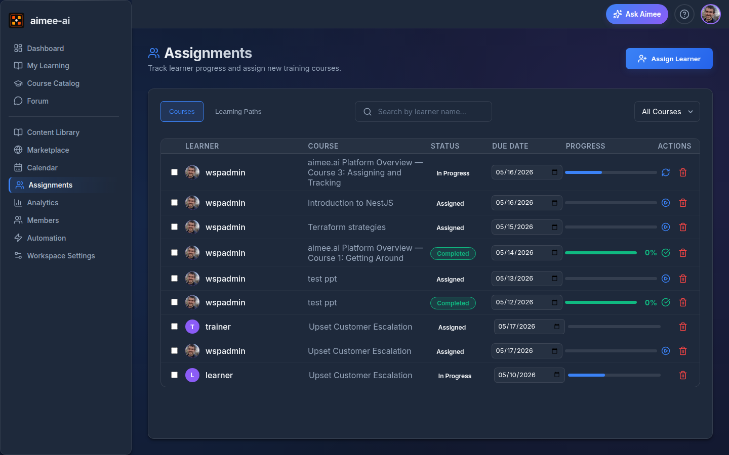 Assignments Courses view listing learner-course assignments with Learner, Course, Status, Due Date, Progress, and Actions columns
