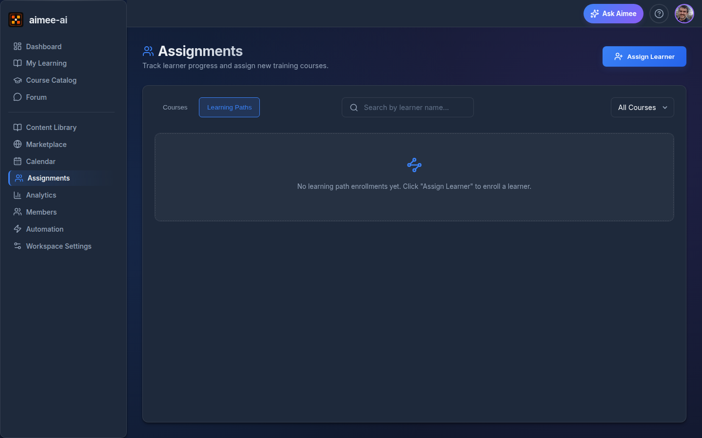 Learning Paths view of the Assignments page showing the empty state with the Courses / Learning Paths toggle