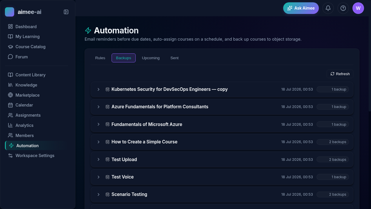 Automation Backups tab listing each course that has a backup rule, with stored backups shown under each course and Download, Restore, and Delete actions per backup