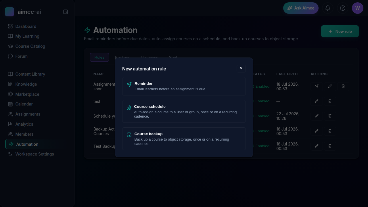 New automation rule chooser showing three options: Reminder, Course schedule, and Course backup