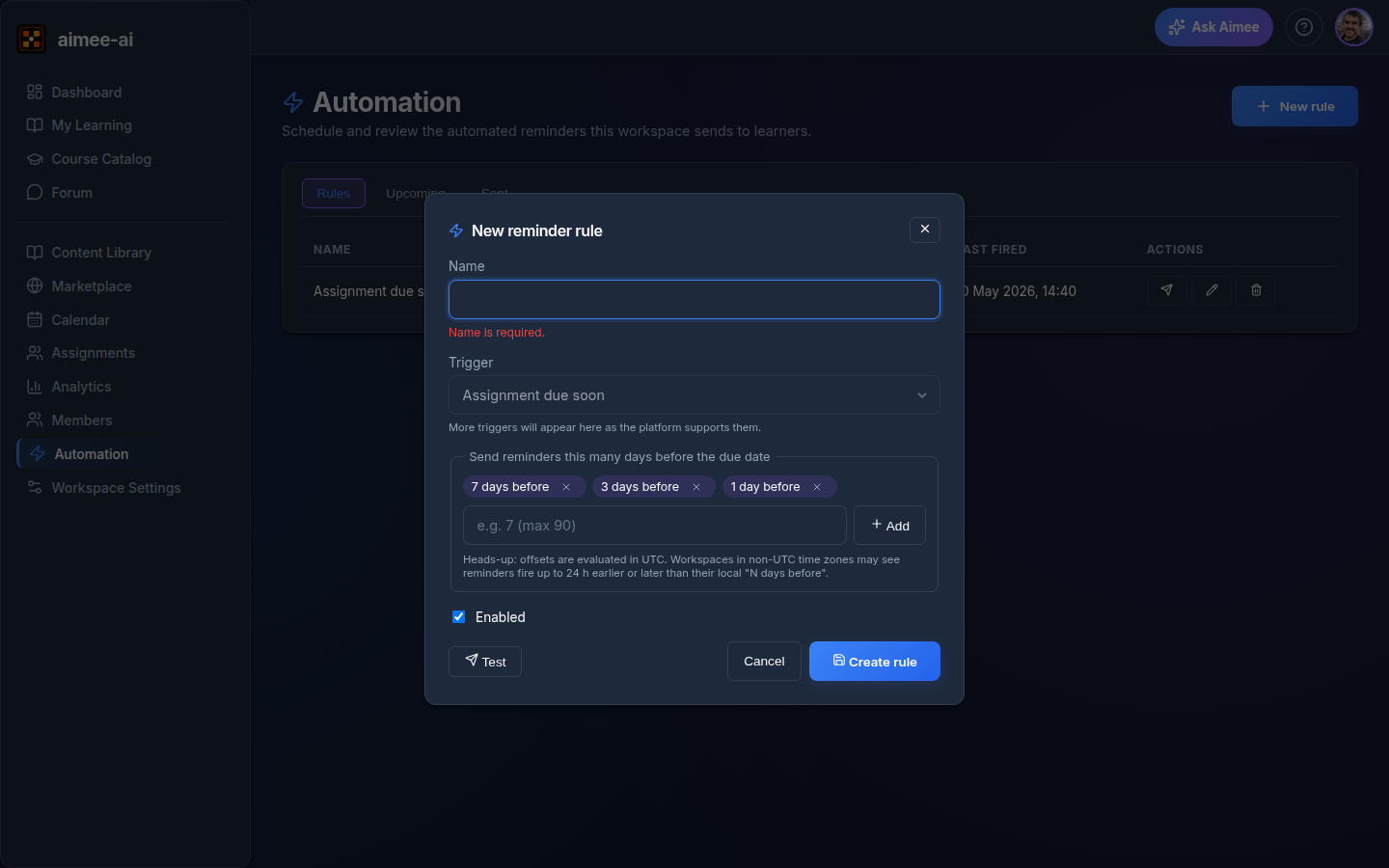 New reminder rule modal with Name, Trigger dropdown, offset chips (7 days before, 3 days before, 1 day before), an Enabled toggle, and a Test button
