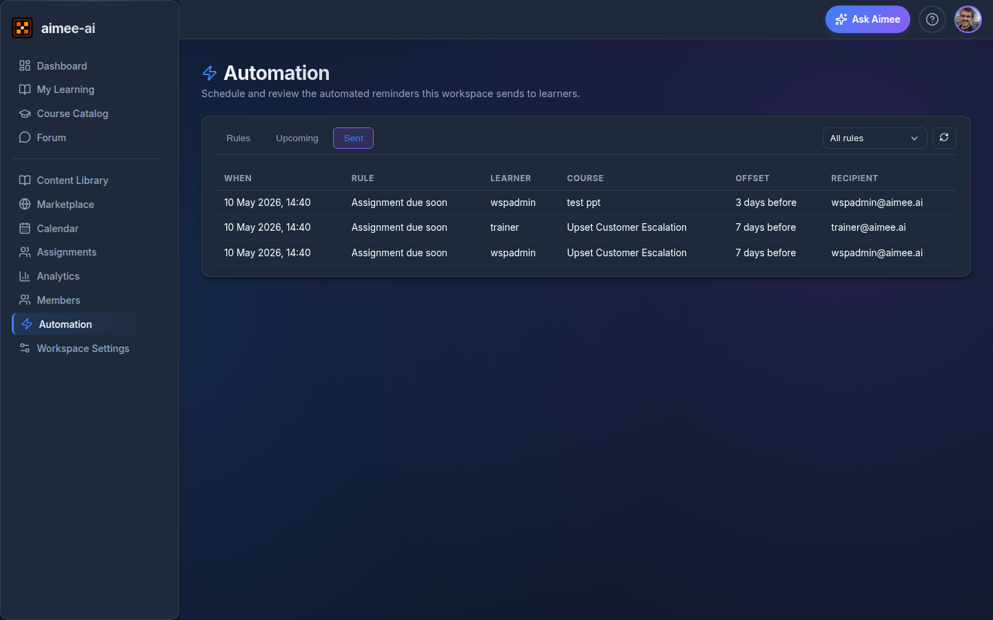 Automation Sent tab showing the audit trail of reminders the platform sent, with When, Rule, Learner, Course, Offset, and Recipient columns