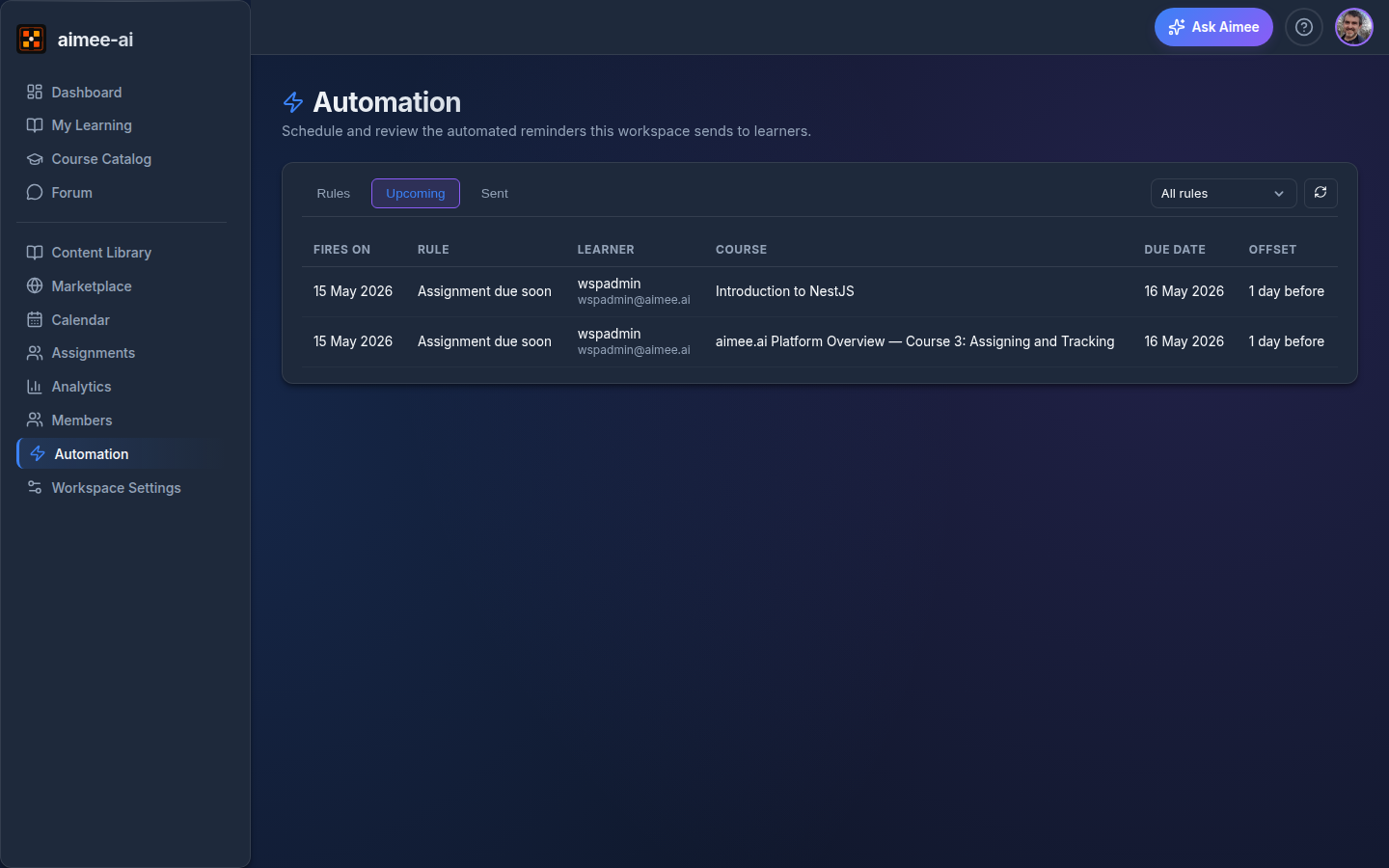 Automation Upcoming tab listing scheduled reminders with Fires on, Rule, Learner, Course, Due date, and Offset columns, plus a rule filter