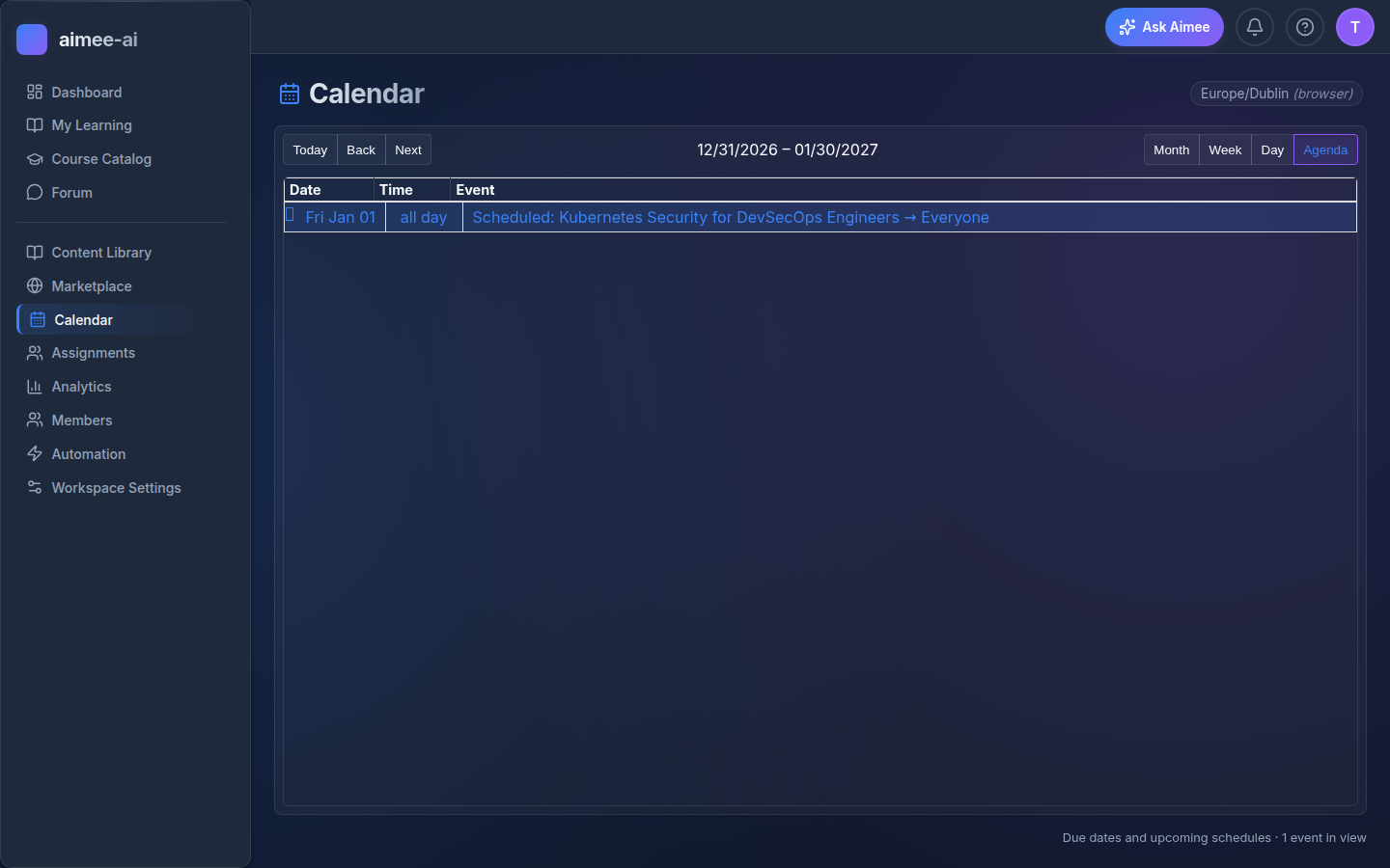 Calendar agenda view showing a scheduled course-schedule fire event with Date, Time, and Event columns and the footer reading Due dates and upcoming schedules