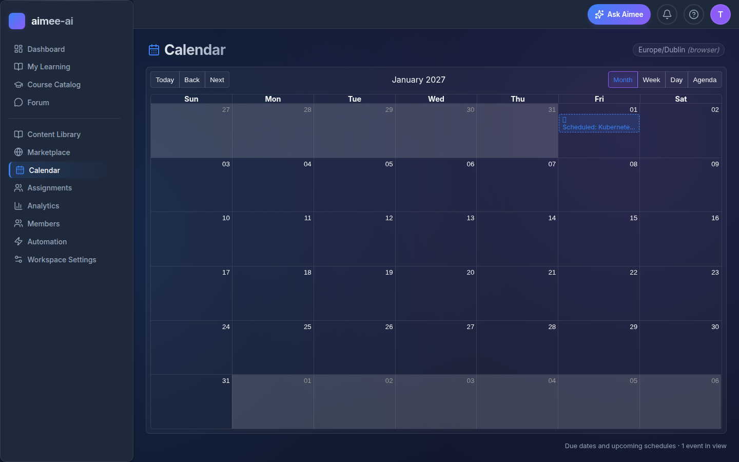 Calendar month view (January 2027) showing a scheduled course-schedule fire event on Jan 1 with a dashed outline, distinct from regular assignment events