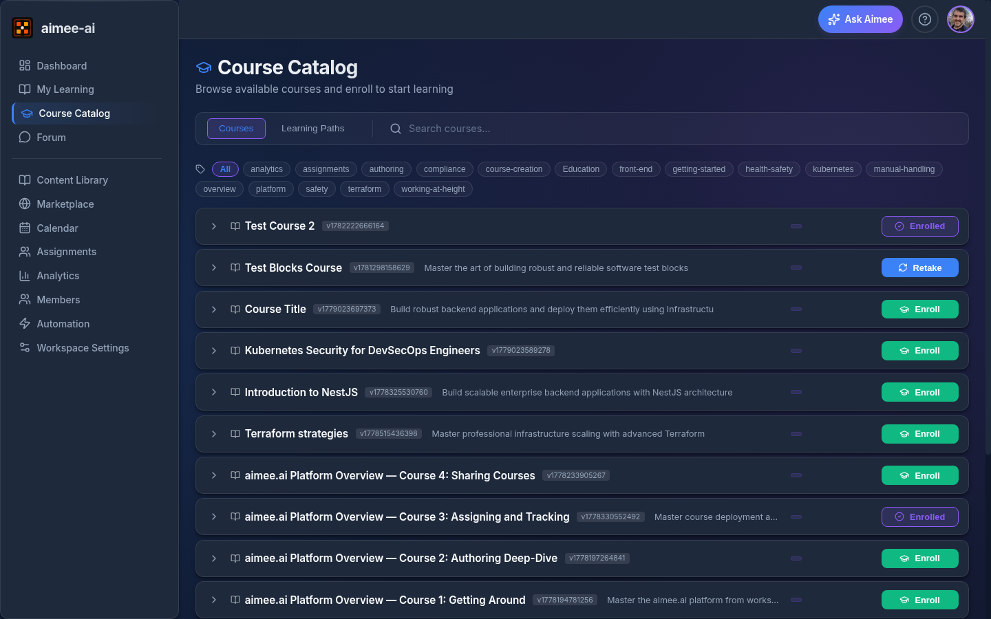 Course Catalog landing screen showing the tag filter chips above a single flat list of course rows