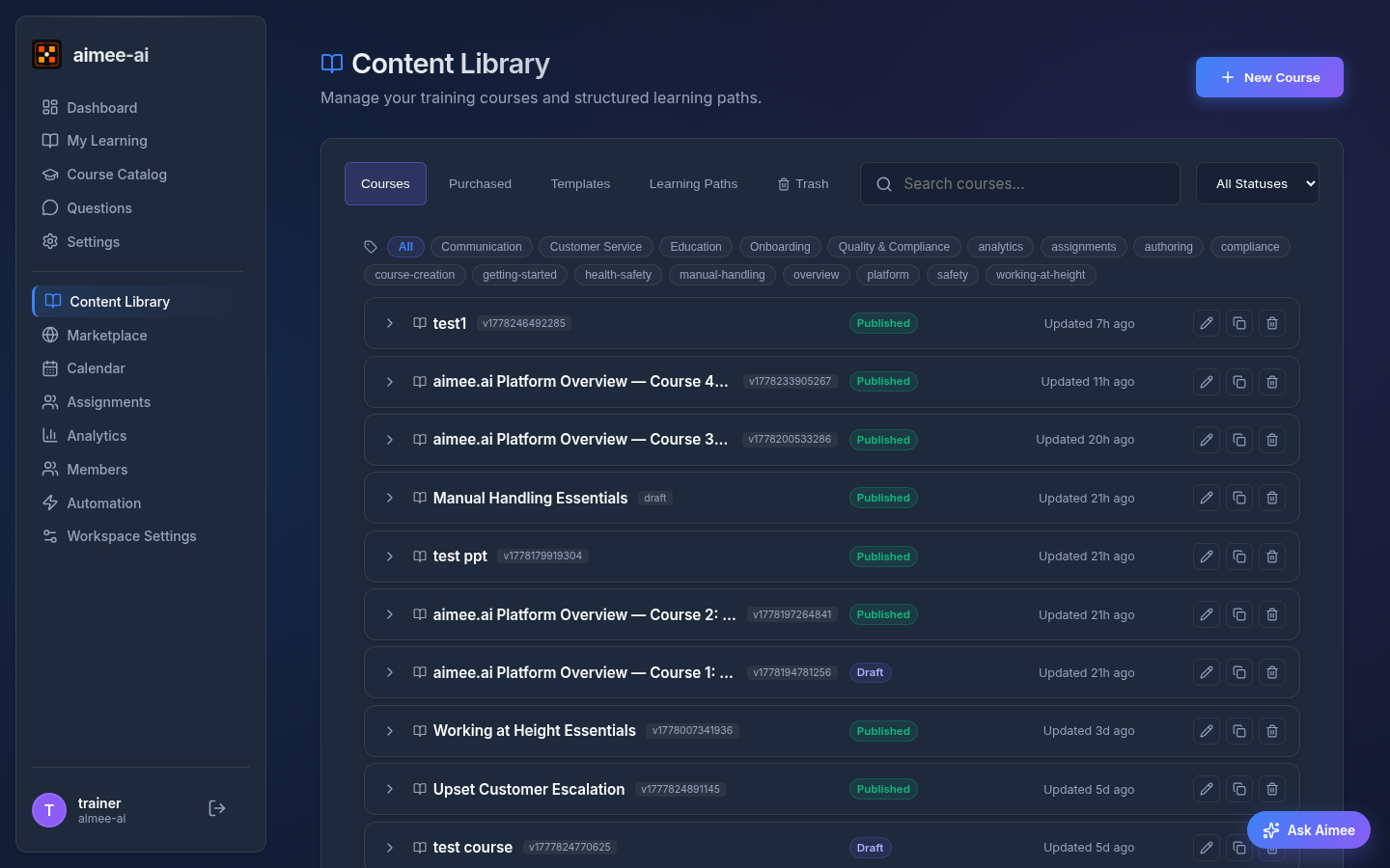 Content Library showing the Courses, Purchased, Templates, Learning Paths, and Trash tabs across the top with a list of courses below