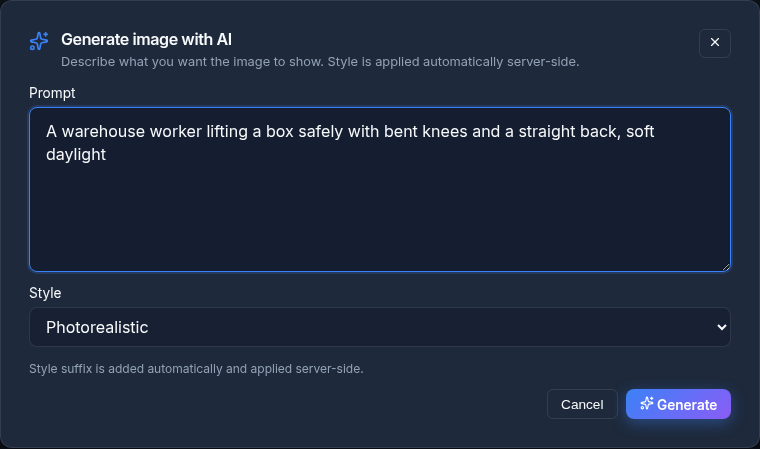 Generate image with AI modal with a prompt textarea, a Style dropdown set to Photorealistic, and Cancel and Generate buttons