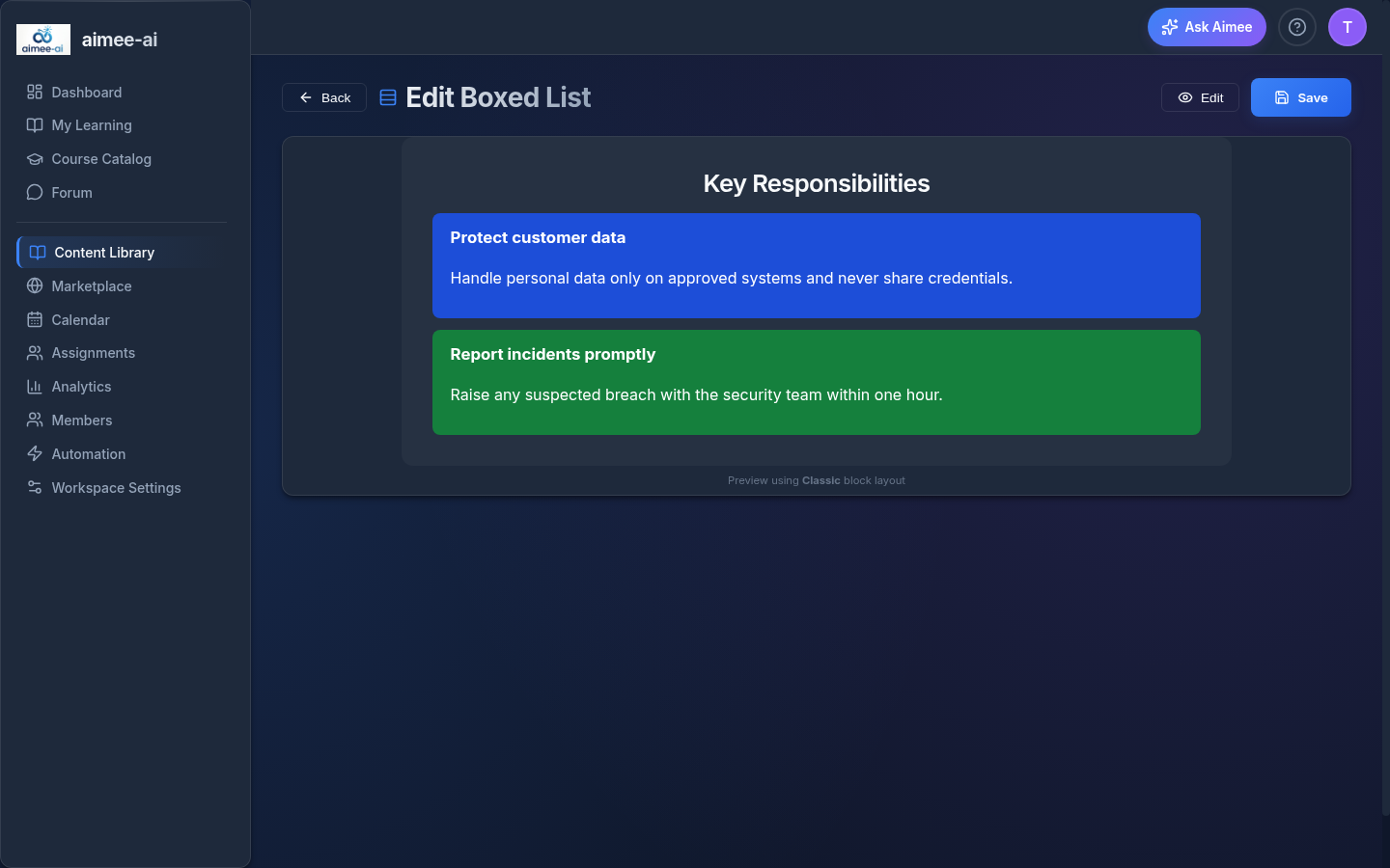 Boxed list as a learner sees it - a "Key Responsibilities" title above a blue box and a green box, each with a bold heading and a line of body text