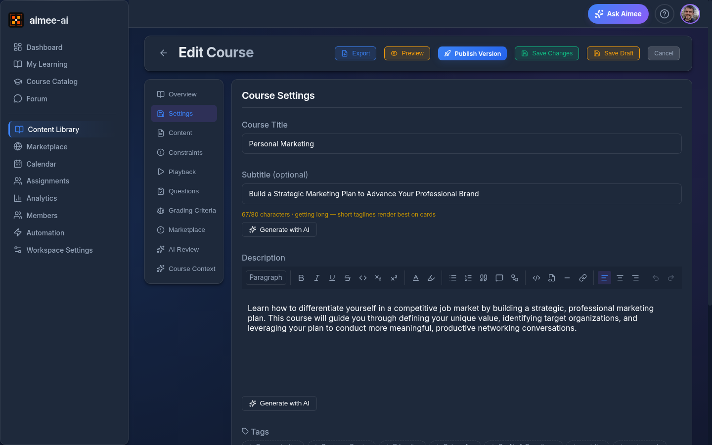 Course Editor with the tab list - Overview, Settings, Content, Constraints, Playback, Questions, Marketplace, AI Review, Course Context - visible on the left and the Settings tab open