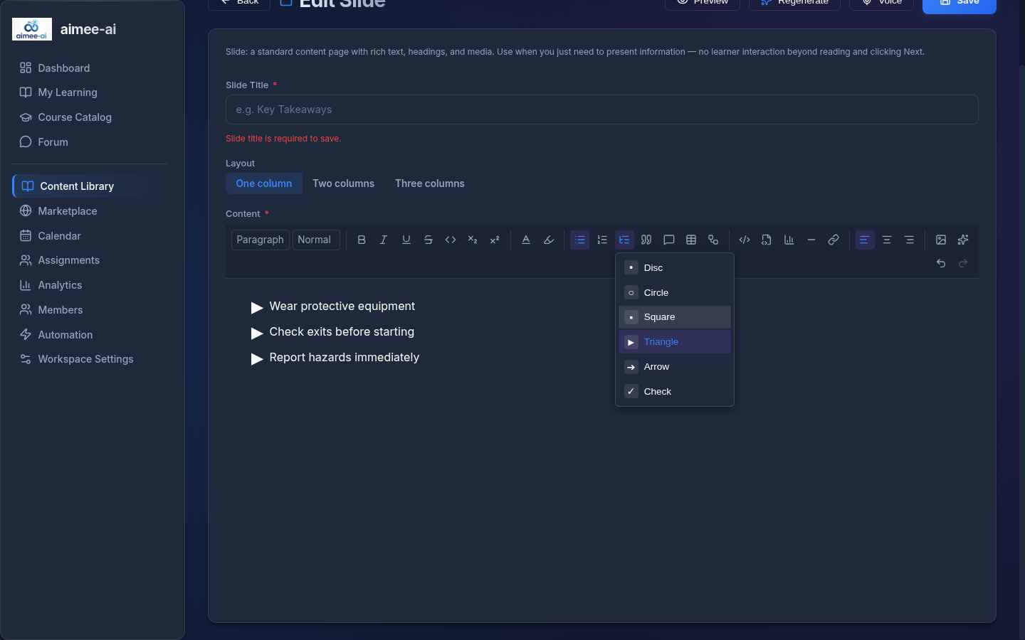 Slide editor with the cursor in a bulleted list and the list-marker style popover open, showing Disc, Circle, Square, Triangle, Arrow, and Check options