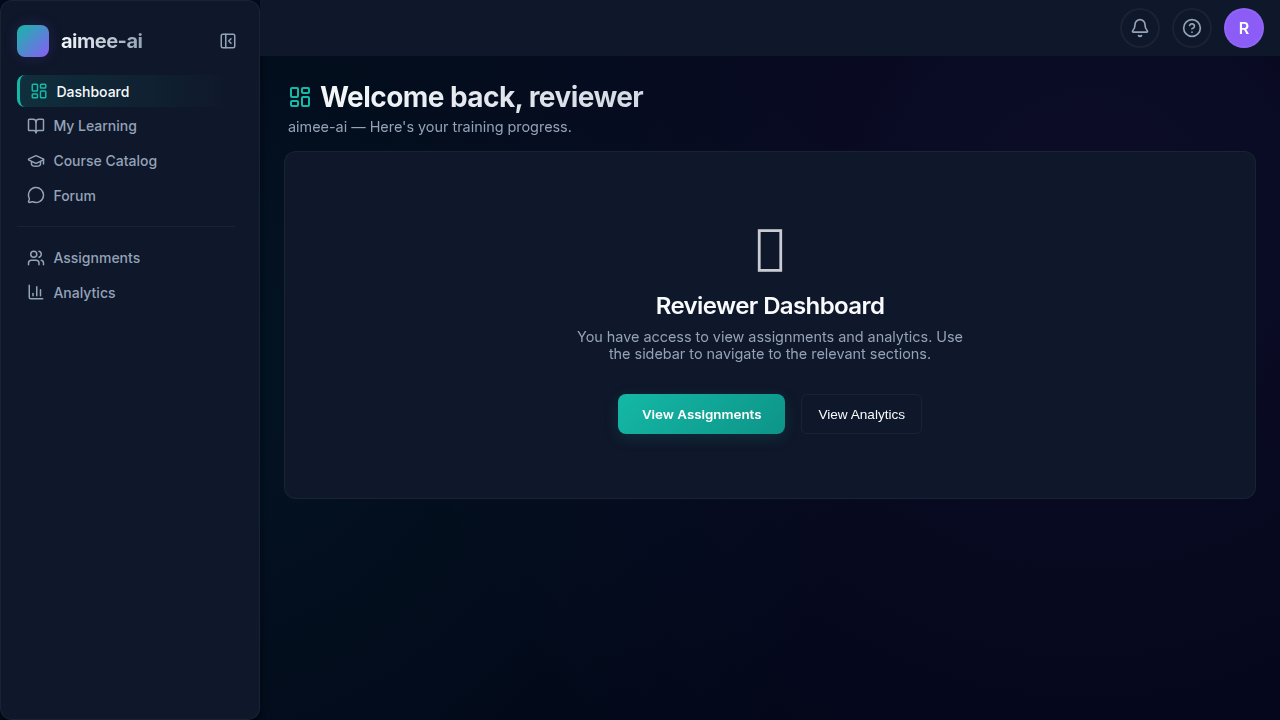 Dashboard reviewer view showing a welcome message and two action buttons - View Assignments and View Analytics