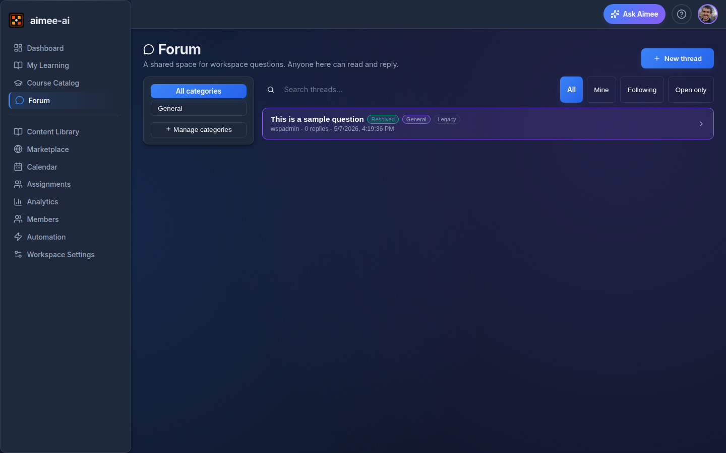 Forum landing page with the categories rail, search and scope chips, and a thread row