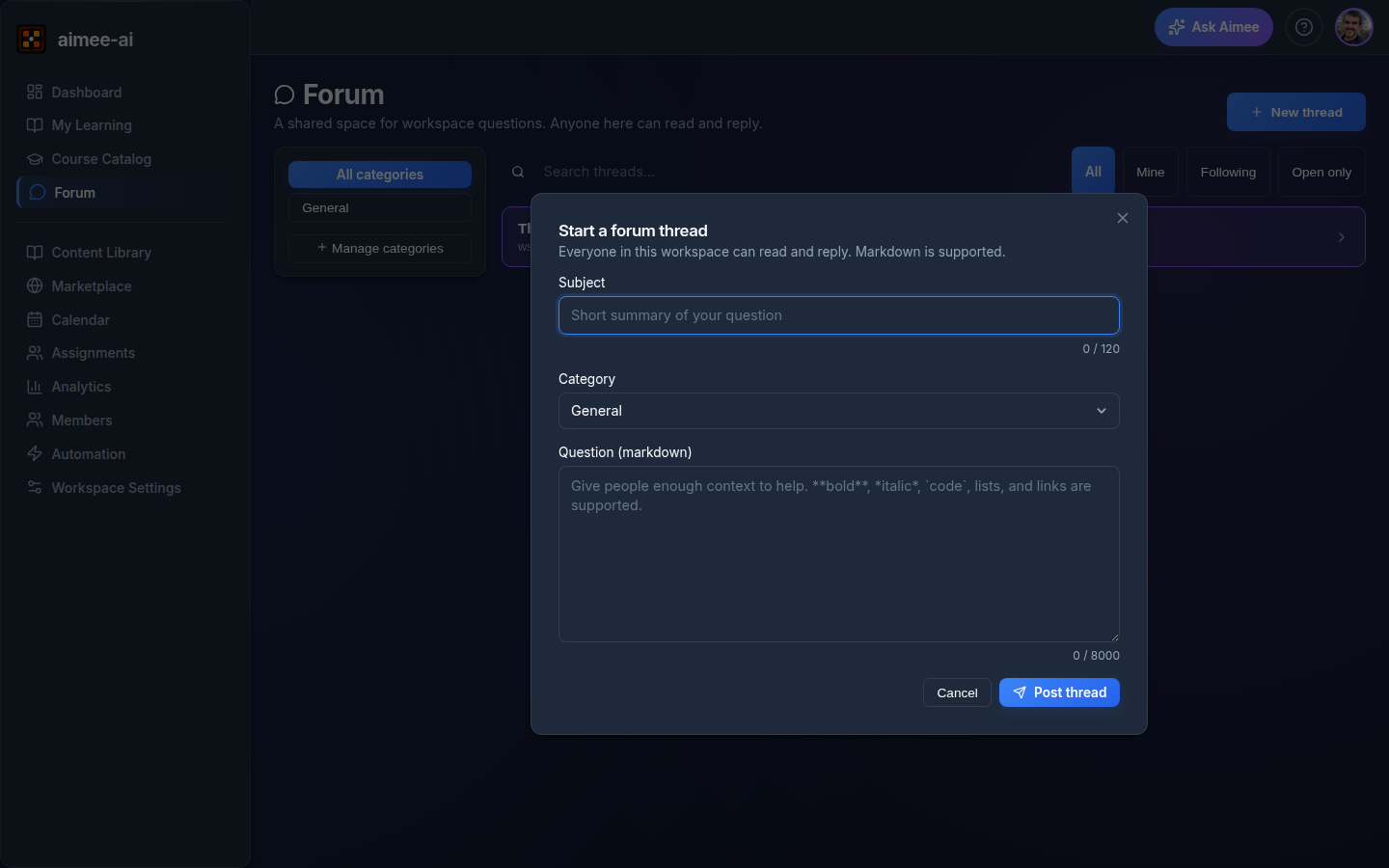 New thread modal with Subject, Category dropdown, and a markdown Question body field