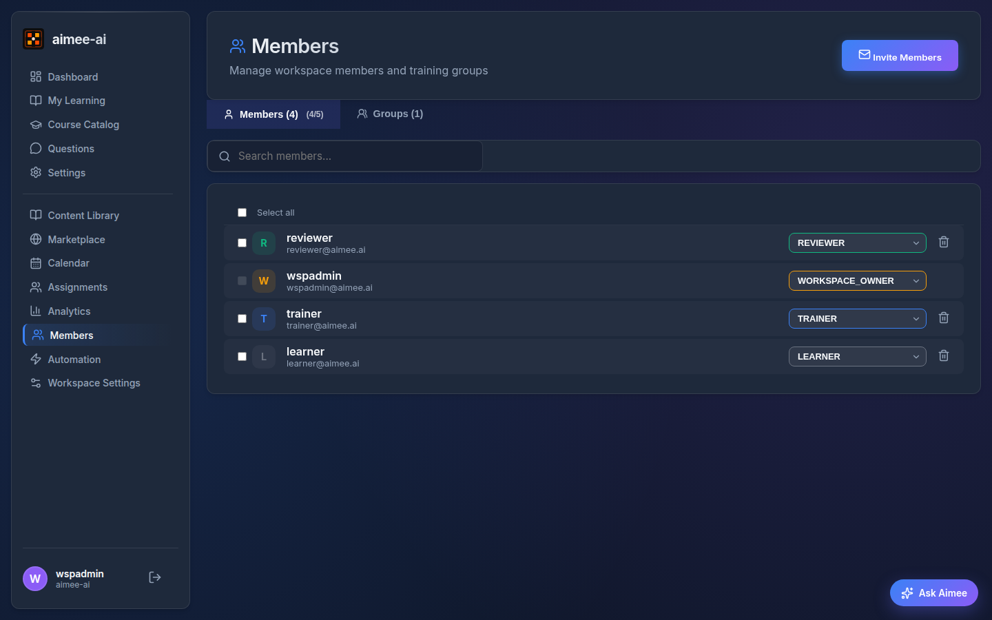 Members page showing the Members tab active alongside the Groups tab, with the workspace's members listed below