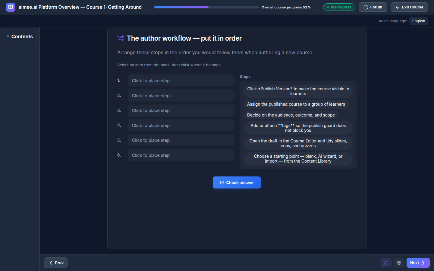 Course player resumed partway through a course - the top header shows the course title and a part-filled progress bar, the collapsed Contents tab sits top-left, the current slide is centred in the viewer, and the bottom navigation bar holds Prev / Next / mute / settings controls