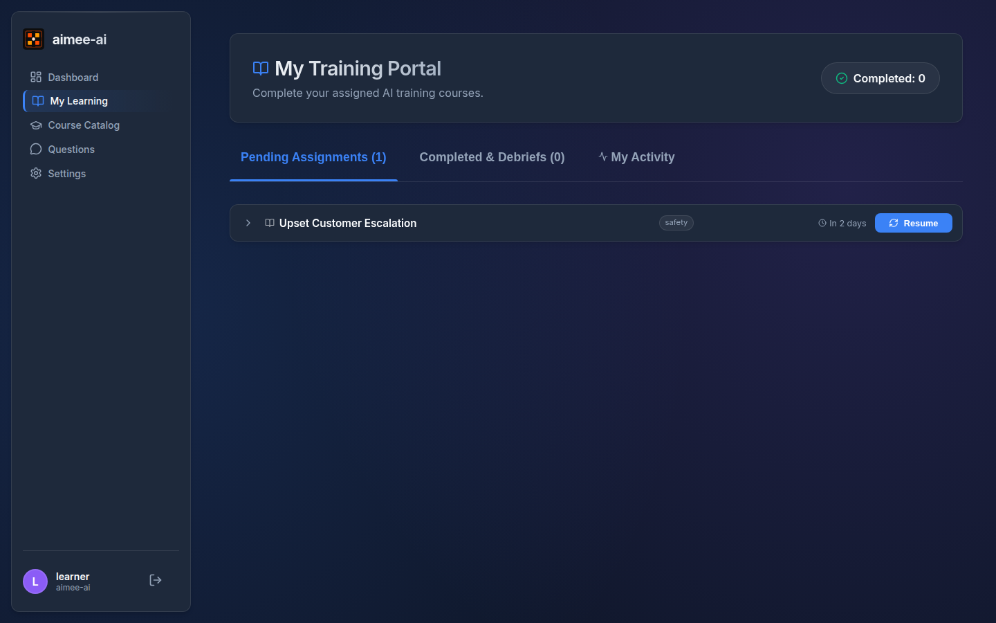 My Training Portal showing the Pending Assignments, Completed & Debriefs, and My Activity tabs, with an assignment row including a due-date chip and Launch button