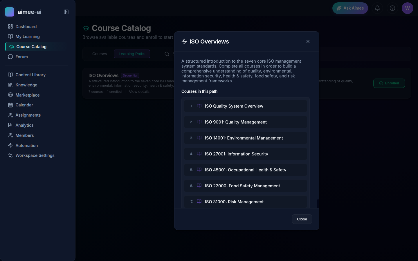 Learner's Course Catalog detail for a learning path, listing the courses in the path numbered in order