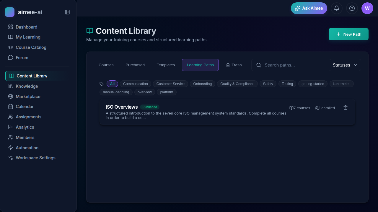 Content Library Learning Paths tab showing a path with its course count and enrolment count, and a New Path button