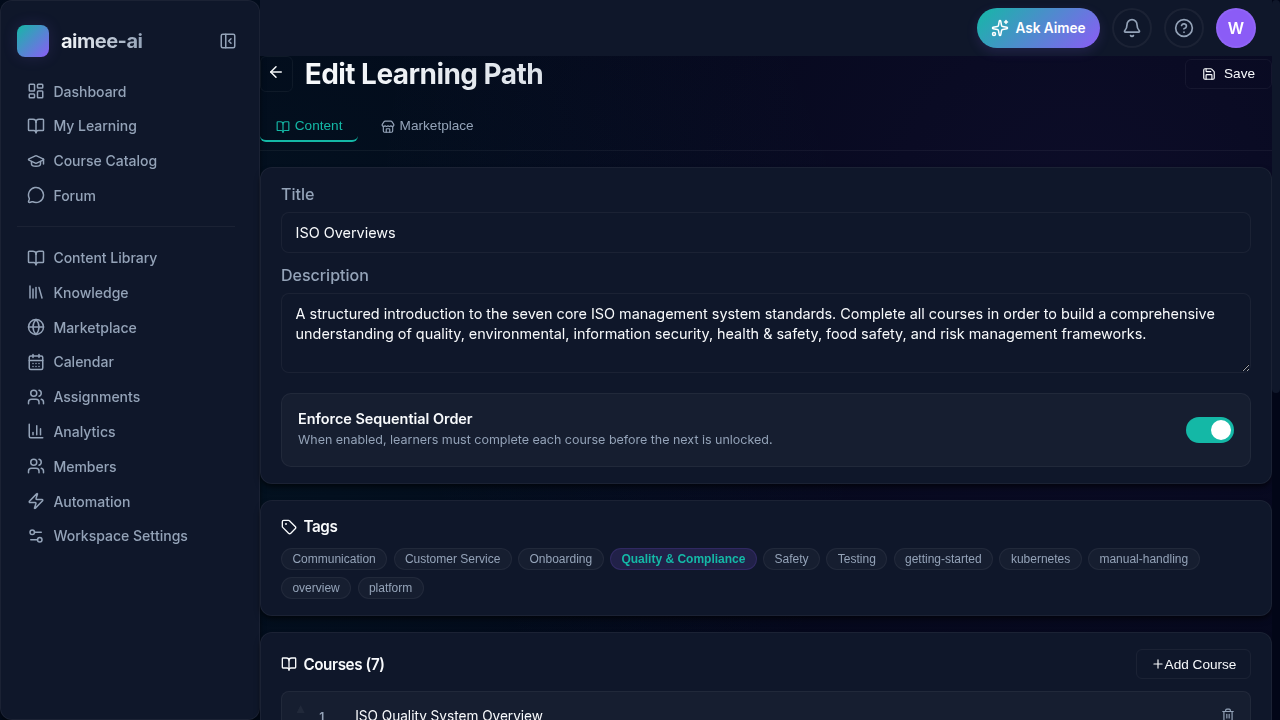Learning path editor showing the Title and Description fields, a Tags picker, the ordered list of courses with move-up / move-down and Remove controls, and an Enrollments section