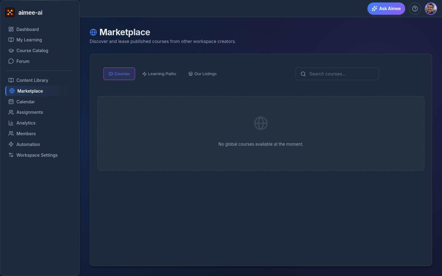 Marketplace page with Courses, Learning Paths, and Our Listings tabs and a search box across the top