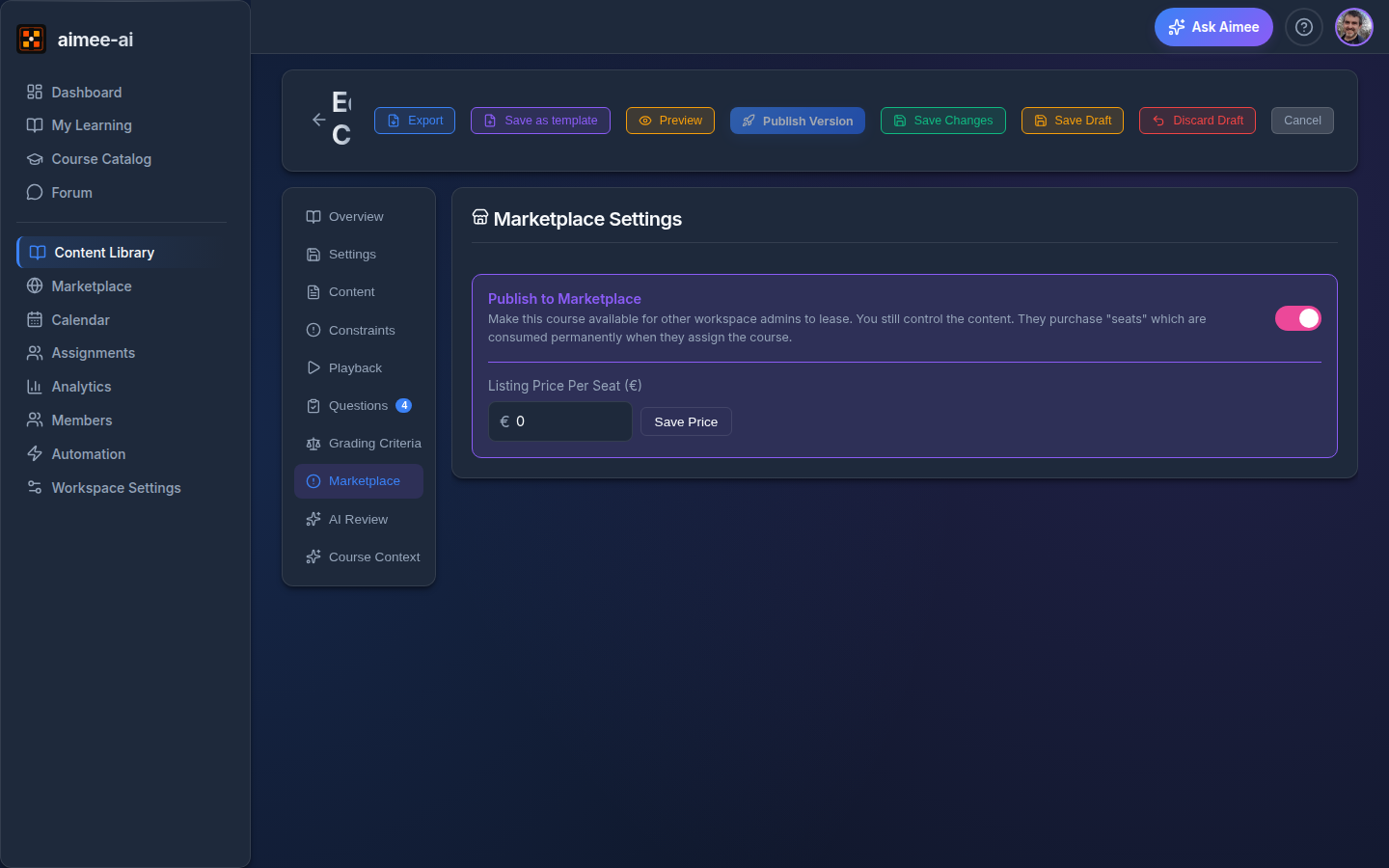 Course Editor Marketplace tab with the Publish to Marketplace toggle and the Listing Price Per Seat input