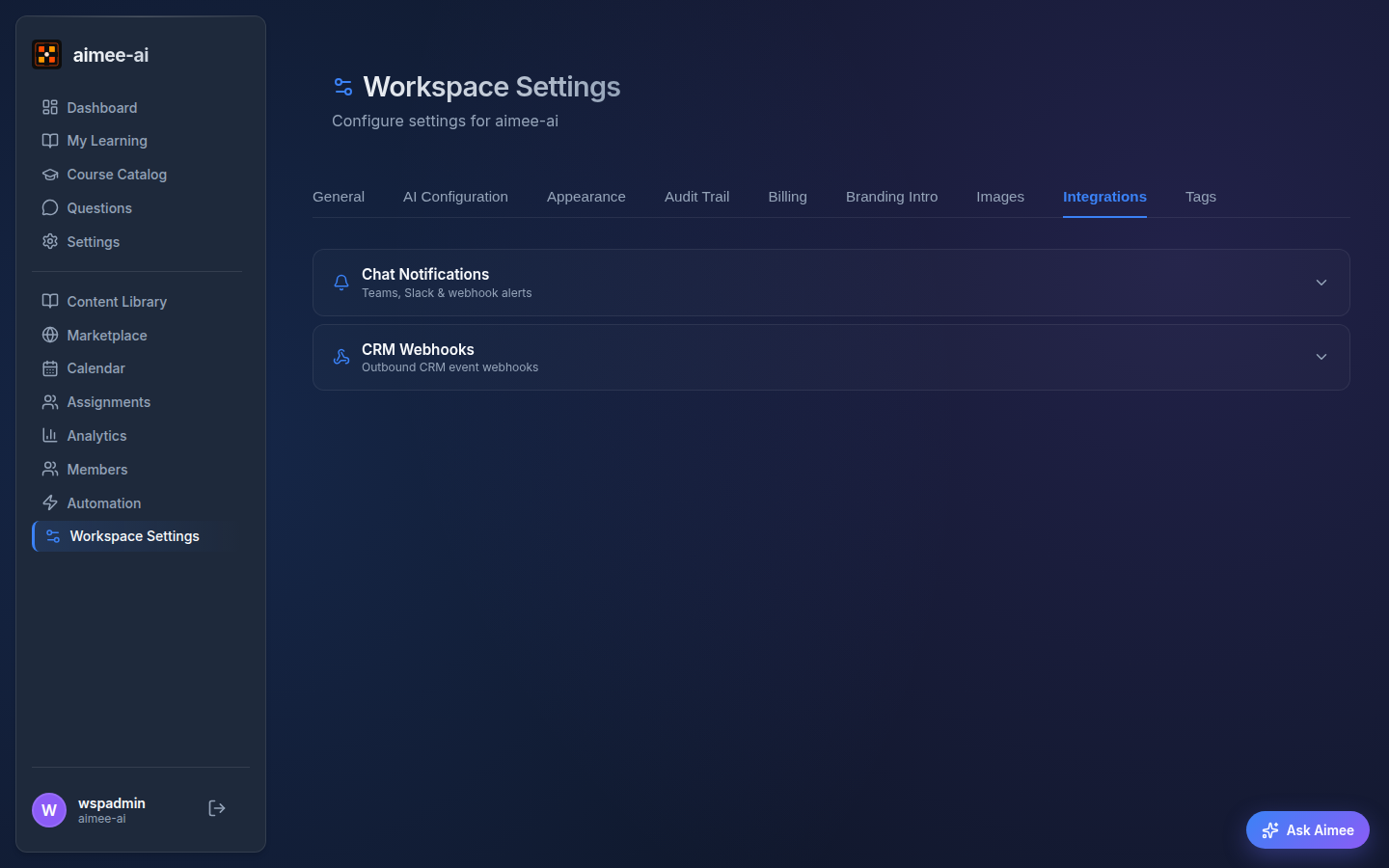 Workspace Settings on the Integrations tab, with collapsible Chat Notifications and CRM Webhooks panels