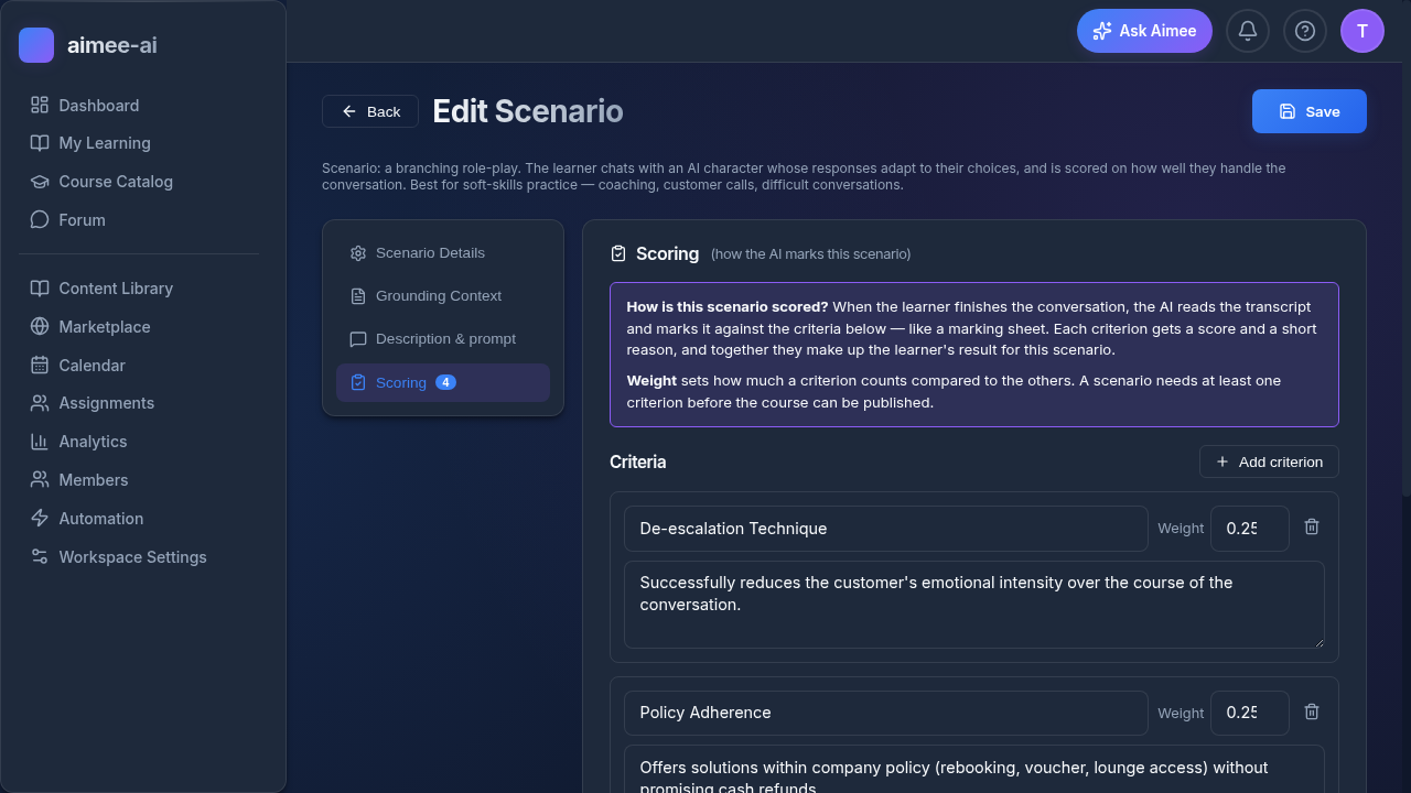 Scenario Editor Scoring tab listing grading criteria such as Empathy & Active Listening and De-escalation Technique with weight inputs and descriptions