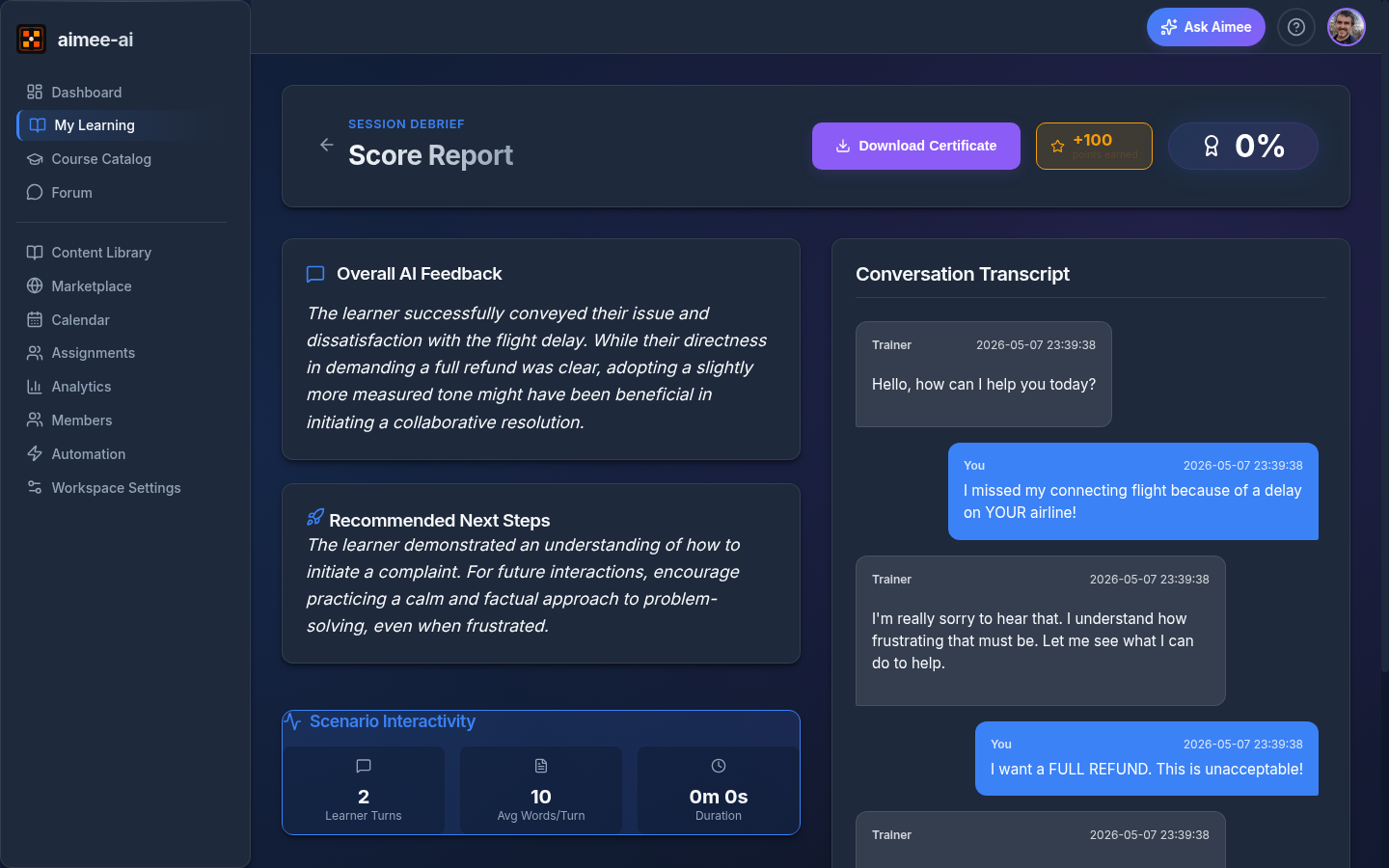 Score Report page with the overall score, Overall AI Feedback, Recommended Next Steps, the conversation transcript, and Scenario Interactivity stats