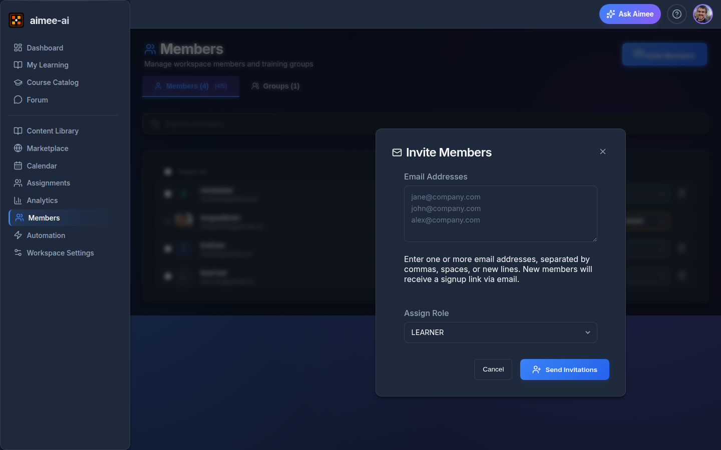Invite Members modal with the Email Addresses textarea and the Assign Role dropdown, opened by a Workspace Owner