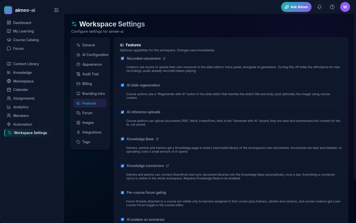 Workspace Settings page with the General, AI Configuration, Appearance, Audit Trail, Billing, Branding Intro, Features, Forum, Images, Integrations, and Tags tabs visible across the top